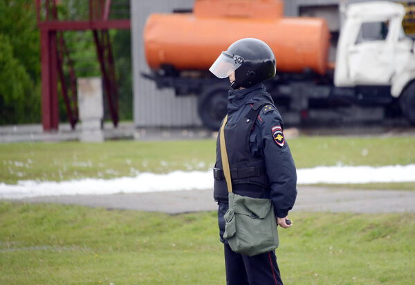  Police officer in cordon during exercises at Noginsk rescue ground.