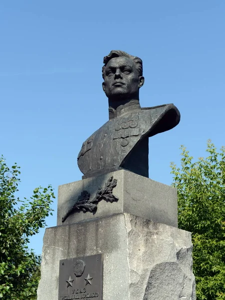 Un busto de bronce al piloto militar Pavel Plotnikov en la Plaza de la Libertad en Barnaul . — Foto de Stock