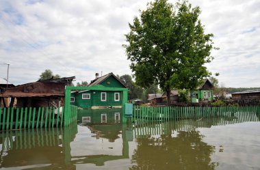  Sel. Nehri kıyılarından ortaya çıkan, Ob, kentin eteklerinde sular altında..