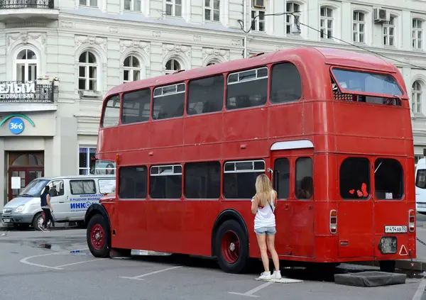 Red passenger double-decker bus Bristol Lodekka on the street in Moscow. — Stock Photo, Image