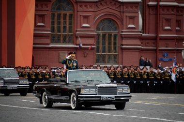  The Minister of defence of Russia Sergey Shoigu, the parade devoted to the Victory Day at the dress rehearsal. clipart