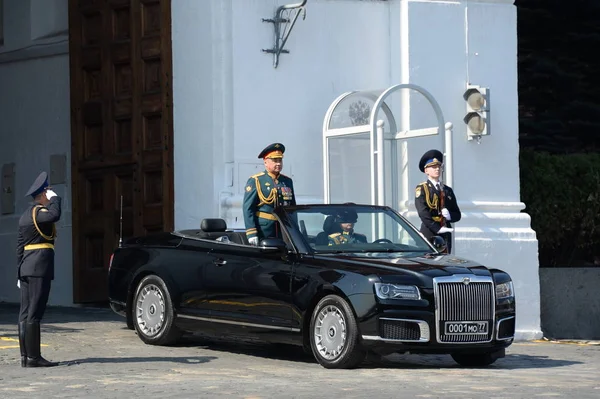 stock image  Russian defense Minister Sergei Shoigu during the dress rehearsal of the Victory day parade on the car 