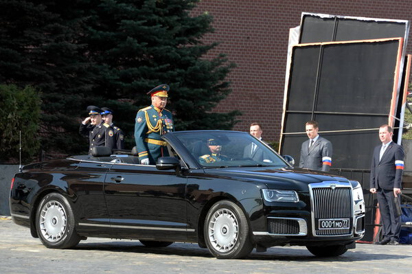  Russian defense Minister Sergei Shoigu during the dress rehearsal of the Victory day parade on the car "Aurus", Moscow, Red square