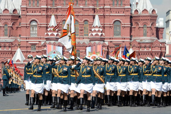  Female cadets of the Military University and the Volsky military Institute of material security at the dress rehearsal of the parade on red square in honor of Victory Day