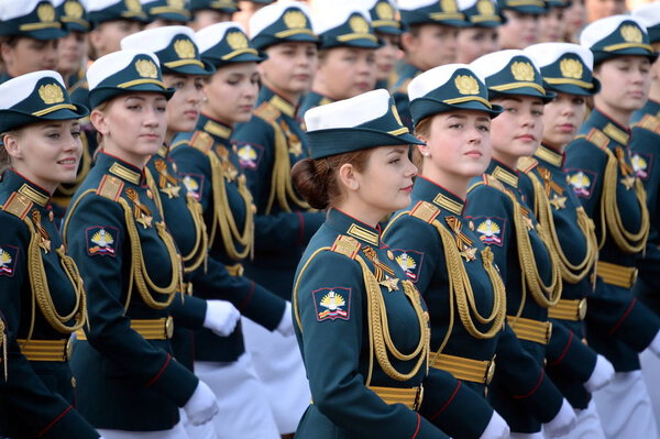  Female cadets of the Military University and the Volsky military Institute of material security at the dress rehearsal of the parade on red square in honor of Victory Day