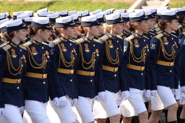  Female cadets of the Military Academy of Aerospace defense of the Military space Academy at the dress rehearsal of the parade on red square in honor of Victory Day