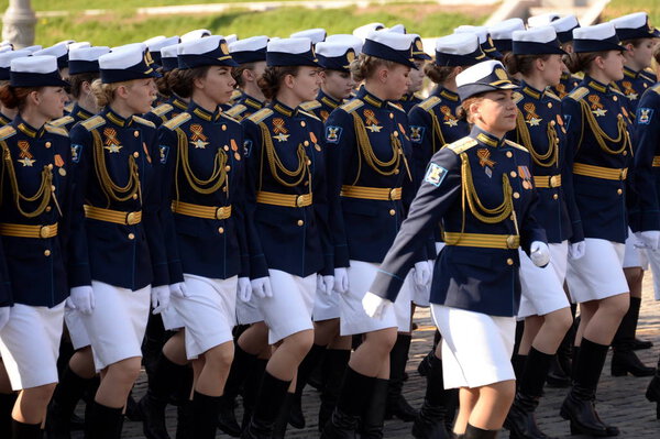  Female cadets of the Military Academy of Aerospace defense of the Military space Academy at the dress rehearsal of the parade on red square in honor of Victory Day