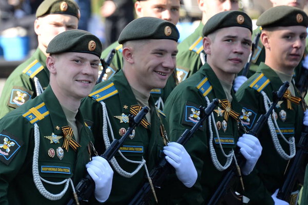  Cadets of the military space Academy named after Mozhaisk at the dress rehearsal of the parade on red square in honor of Victory Day