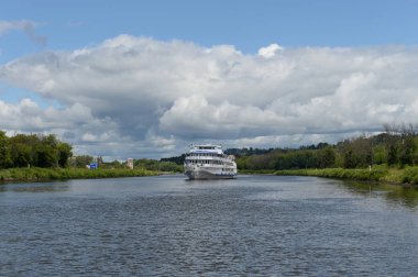 MOSCOW REGION, RUSSIA - JULY 7, 2019:Three-deck ship 