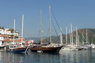  MARMARIS,TURKEY - OCTOBER 30, 2019:Sea vessels at the pier in the Turkish city of Marmaris