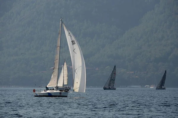Marmaris, Türkiye - 30 Ekim 2019: Türkiye 'nin Marmaris kenti yakınlarındaki körfezde yatlar