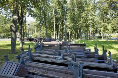 Many old benches in the park. Luzhniki Stadium, Moscow