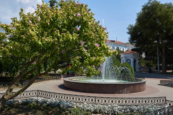 Fonte Parque Cidade Árvore Florescente Beco Sombrio Sebastopol — Fotografia de Stock