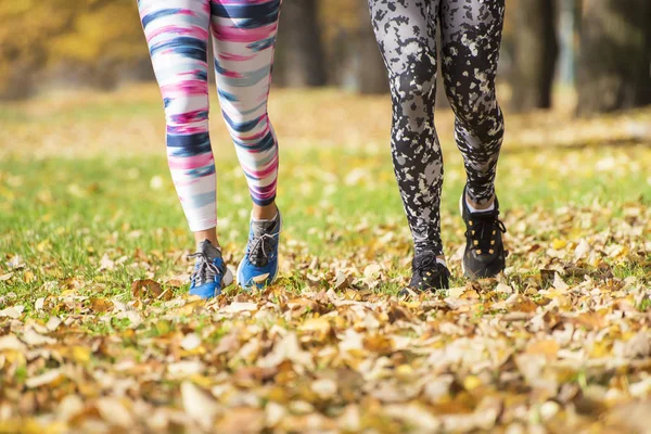 Nahaufnahme eines aktiven Ehepaares beim Laufen im Park. Herbstliche Umgebung. untere Körperteile. — Stockfoto