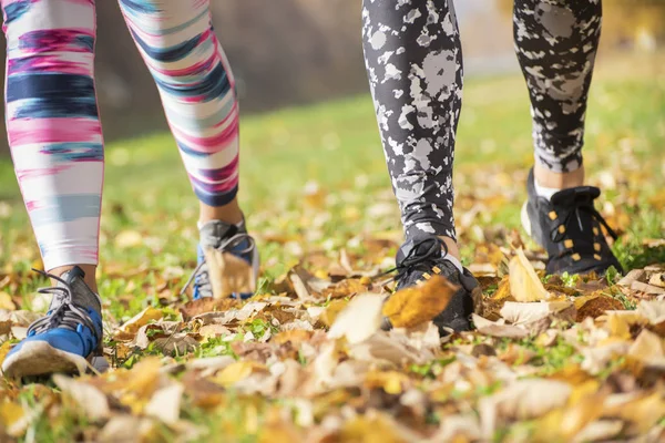 Nahaufnahme eines aktiven Ehepaares beim Laufen im Park. Herbstliche Umgebung. untere Körperteile. — Stockfoto