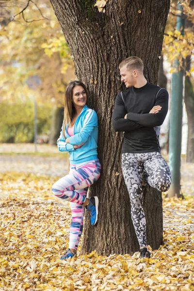 Hermosa pareja joven se reclinó para arbolar juntos en el parque. Ambiente otoñal . —  Fotos de Stock