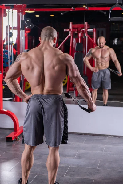 Poderoso Homem Musculoso Fazendo Exercício Tríceps Máquina Ginásio — Fotografia de Stock
