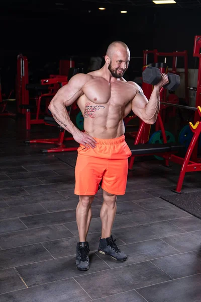 Powerful muscular man doing biceps exercise with dumbbell at the gym