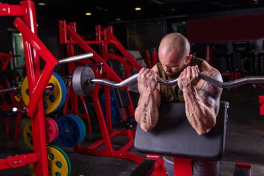 Güçlü kaslı adam halterle biceps egzersizi yapıyor.