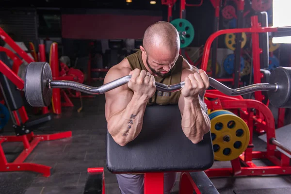 强壮的肌肉男子在长椅上用杠铃做二头肌运动 — 图库照片