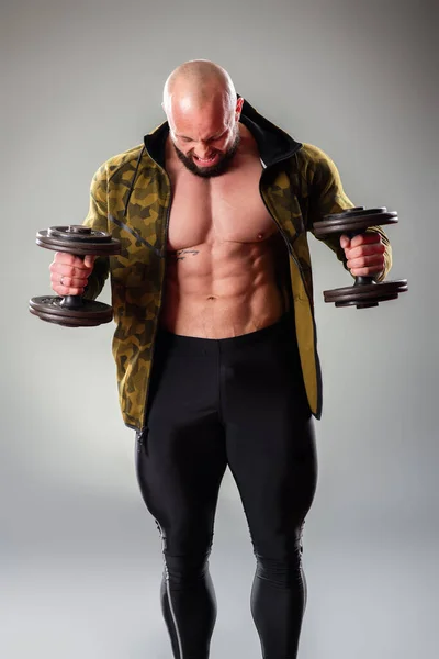 Sexy Muskulöse Bodybuilderin Posiert Mit Sweatshirt Und Gewichten Auf Grauem — Stockfoto