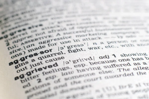 Close Word Aggressor English Dictionary Selective Focus — Stock Photo, Image