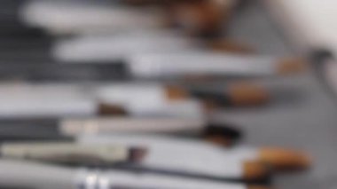 Profesyonel makyaj malzemeleri makyaj çantasında. Çengelli odaklı fırça, tarak, deri çantanın içindeki göz gölgesi.