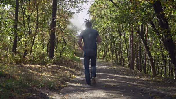 Чоловіки насолоджуються осінь в лісі — стокове відео