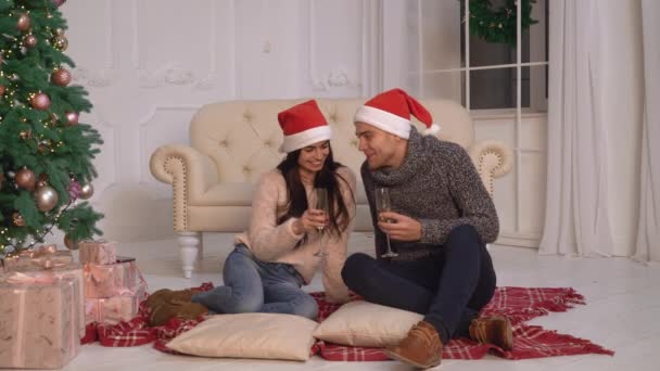 Жінка і чоловік підбадьорюють вино на зимових канікулах . — стокове відео