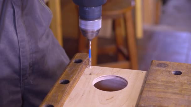 Closeup auger make hole in wood. — Stock Video