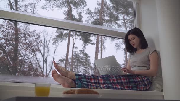 Female using laptop in the morning. — Stock Video