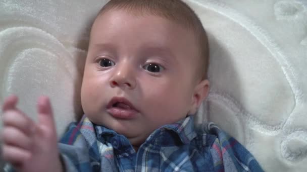Portrét novorozence s modrýma očima — Stock video
