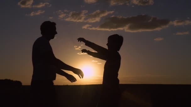 Silhouette jeune famille au coucher du soleil — Video