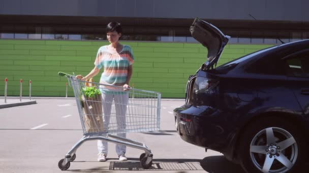 Mujer con carro en el centro comercial aparcamiento . — Vídeos de Stock