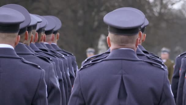 The commander gives awards to soldiers in blue uniform, soldiers stand with their backs to the camera. panorama — Stock Video