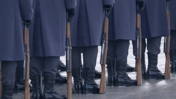 Soldaten in blauwe uniformen en zwarte laarzen, houden een pistool en staan in een lijn. — Stockvideo