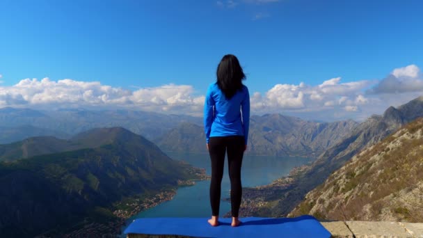 Zpět pohled štíhlá žena stojící v horské oblasti — Stock video