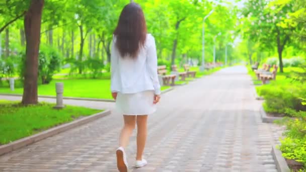 Mujer irreconocible caminando por el camino peatonal rodeado de árboles con verde — Vídeos de Stock