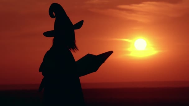 Ragazza in costume e cappello strega lancia un incantesimo vista alba — Video Stock