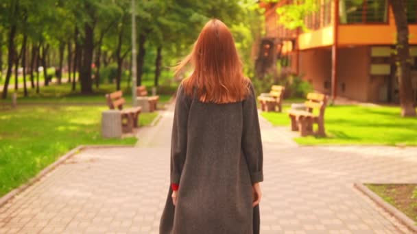 Pelirroja mujer de negocios caminando por el callejón levantando las manos — Vídeos de Stock