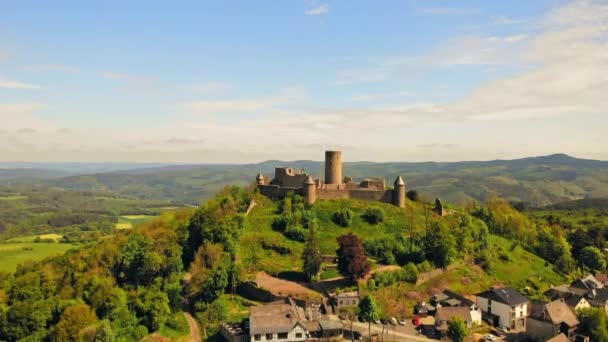 Drone flying above medieval sight bavaria — Stock Video