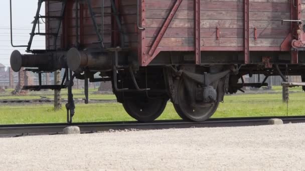 Pochylenia aparatu Auschwitz na pociąg śmierci szeroki — Wideo stockowe