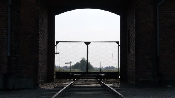 Auschwitz steady shot op de rails — Stockvideo