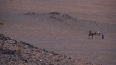 Turistik deve Sahara Çölü'nde sürme sırasında fotoğraf çekmek 