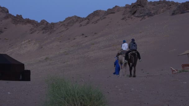Турист прибывает в лагерь берберов в Сахаре — стоковое видео