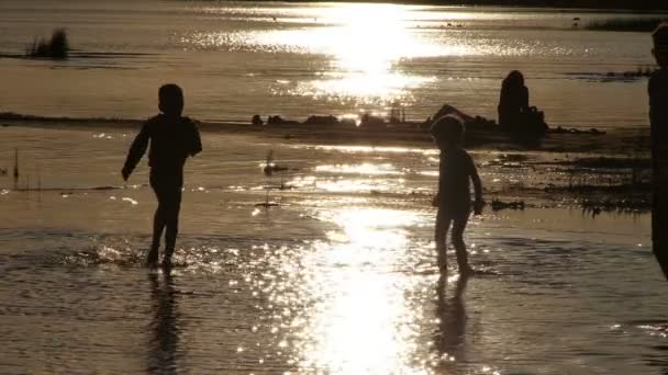 Kinderen spelen in het water bij zonsondergang - Canadese lake - Slow motion — Stockvideo
