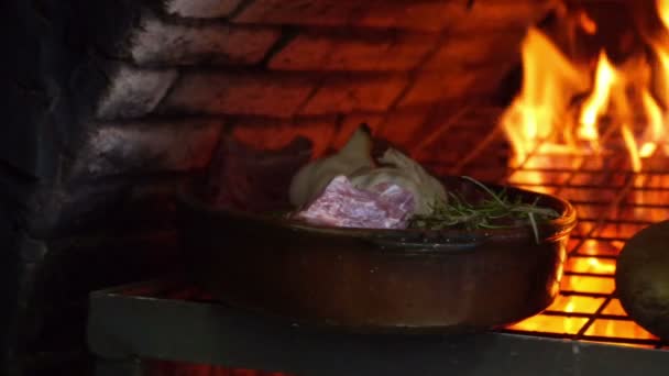 Coocking red meat in a fire oven  Slow motion — Stock Video