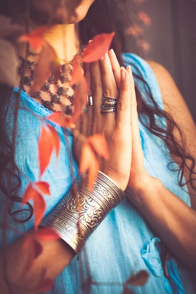 Close up of woman hands in namaste gesture — Stock Photo, Image