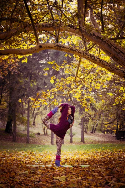 Nő gyakorlat jóga őszi parkban — Stock Fotó