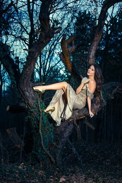 Κομψή μόδα γυναίκα στο δάσος — Φωτογραφία Αρχείου